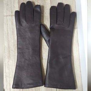 Vintage Brown Leather Long Gloves - White Fuzzy Lining - Soft, Supple Leather